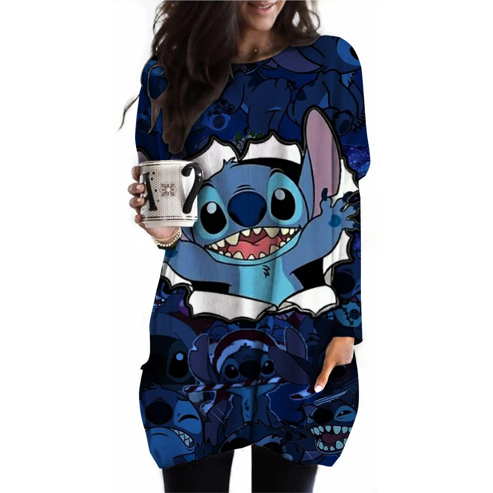 Осенне-зимняя свободная футболка с круглым вырезом и карманами