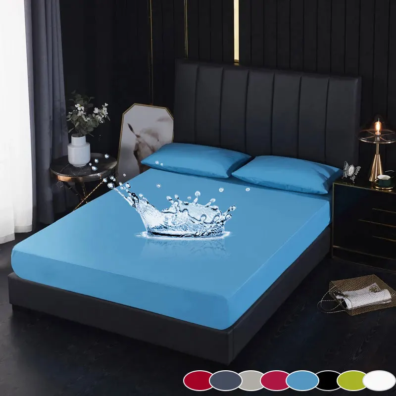 

100% Waterproof Polyester Mattress Cover With Elastic Strap Single Double Bed Sheets Solid Bedspread Antipull Anti Dust Size Set