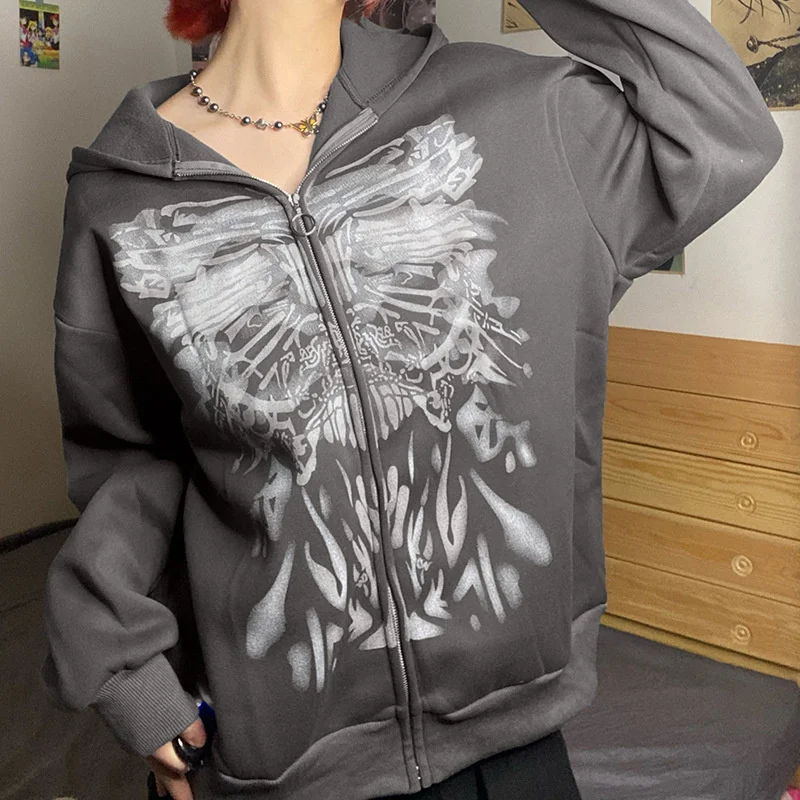

Y2K Gothic Print Women Hoodies Butterfly Zip Up Long Sleeve Autumn Sweatshirt 2022 Casual New Jacket Grunge Streatwear