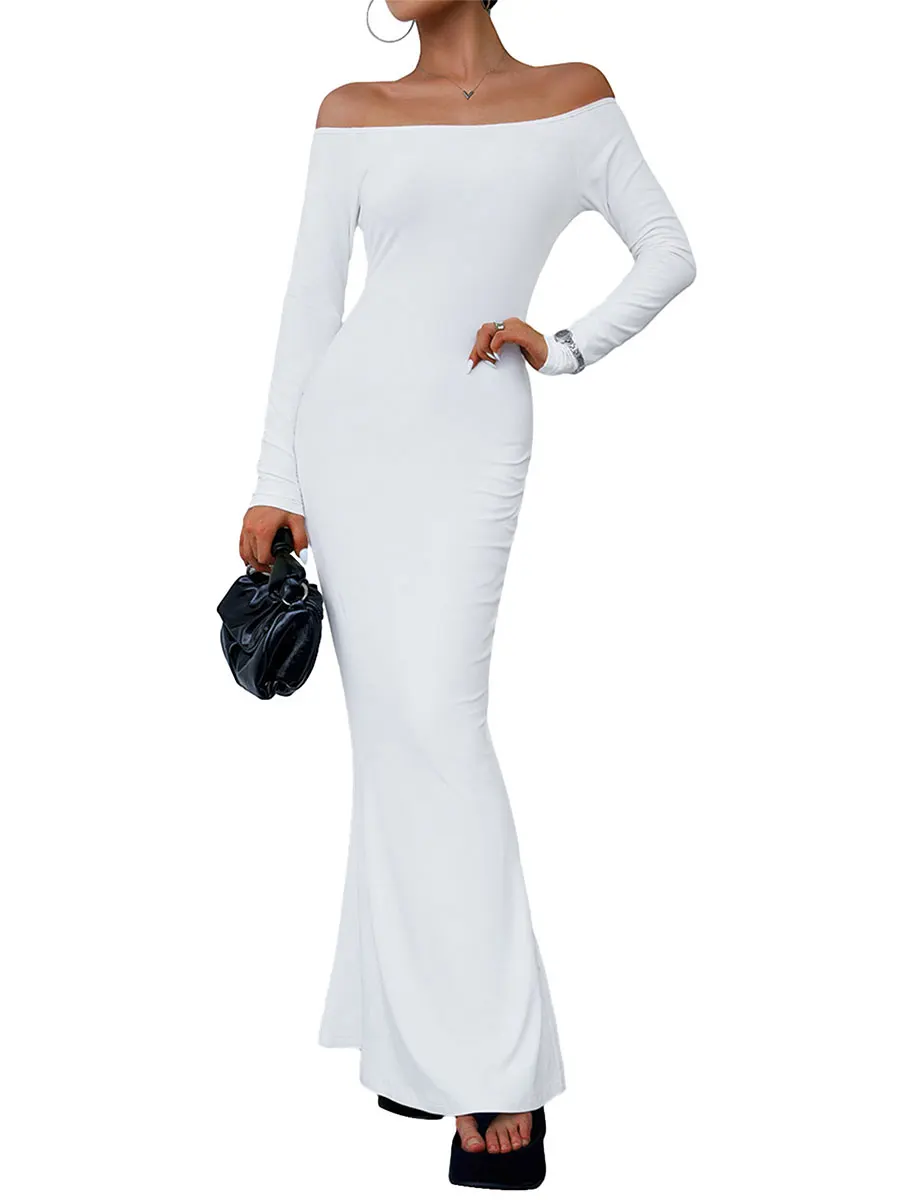 

Women Elegant Off Shoulder Fishtail Dress Y2K Slim Fitted Long Sleeve Maxi Dress for Cocktail Party