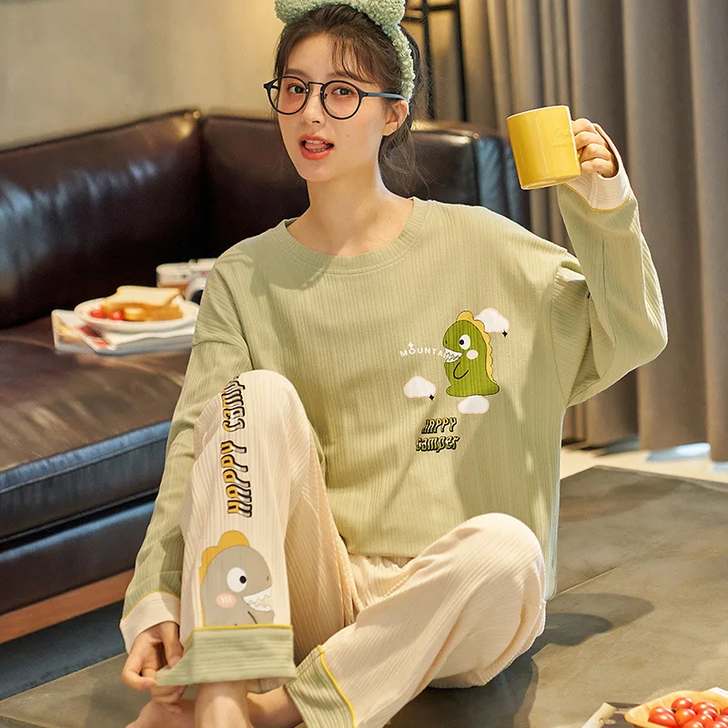 

Spring Women's Pajamas 2022 Long-Sleeved Trousers Homewear Cute Sweet Dinosaur Cartoon Printing Pajama Set Casual Two Piece Suit
