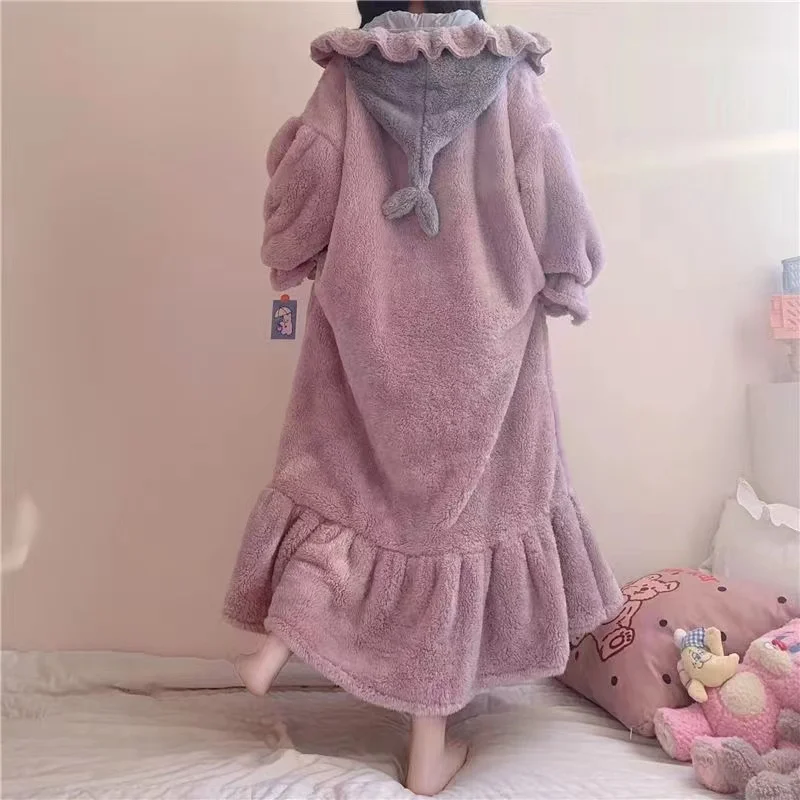 New Autumn And Winter Nightgown Hooded And Thickened Outwardly Wearing Household Clothes
