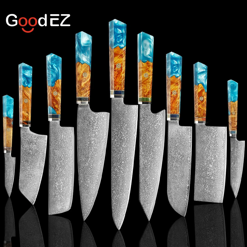 

GoodEZ 9 Butcher Knives Set Damascus Steel Chef Knife Kiritsuke Bread Boning Meat Knife Restaurants Best Sharp Kitchen Knife Set