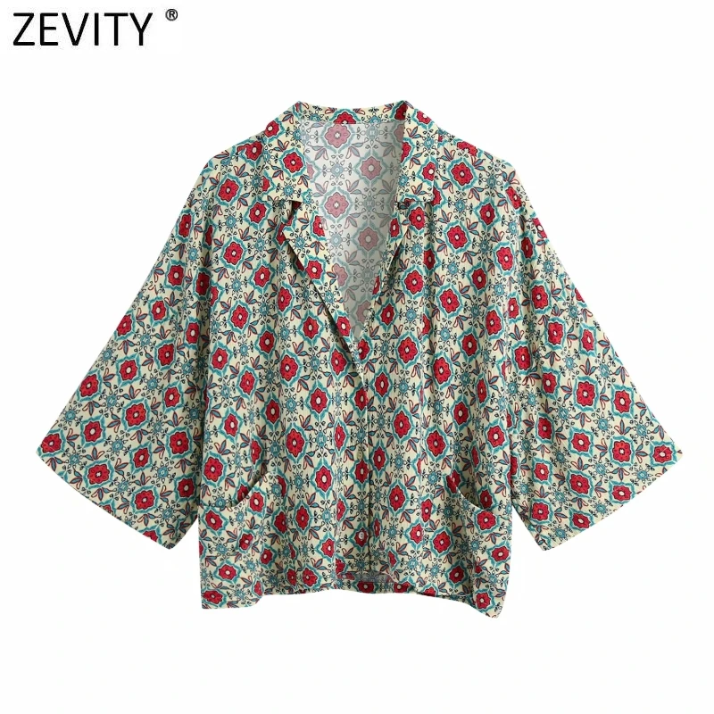 

Zevity 2021 Women Sweet Floral Print Double Pockets Patch Casual Loose Kimono Blouse Female Summer Shirt Chic Blusas Tops LS9500