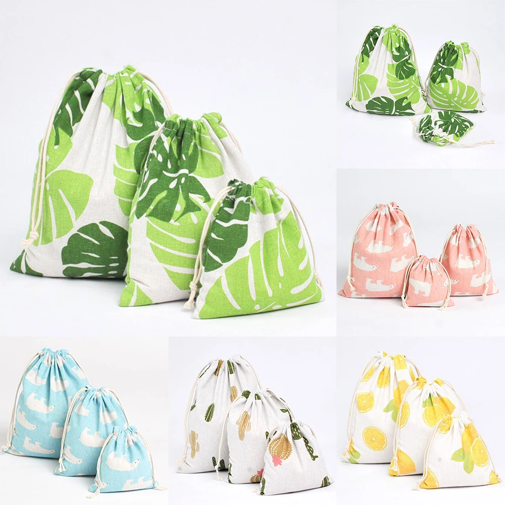 

Leaf Printed Drawstring Cotton Linen Storage Bag Gift Candy Favor Holder Jewelry Organizer Makeup Cosmetic Coins Keys Bags