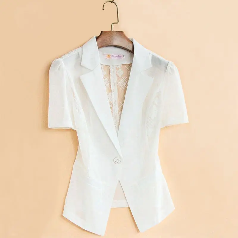 

2022 Summer Clothes for Women Korean White Short-sleeve Single Button Jacket Slim Short Thin Mesh Suit Shawl Coat Y83