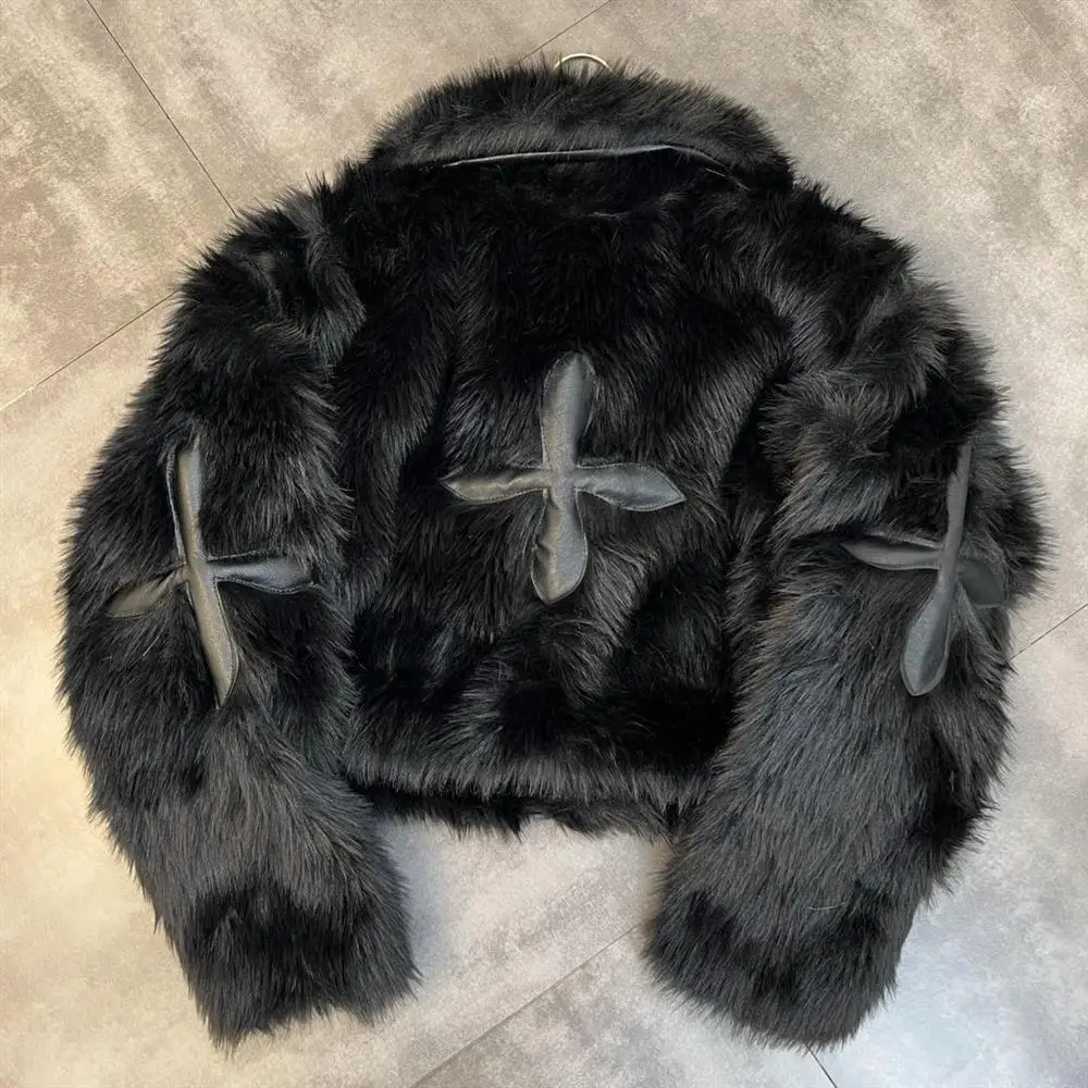 Winter Faux Mink Fur Turn Down Collar Bomber Jacket Patch PU Cross Fluffy Streetwear Coat Simulation Fox Fur Parka Cardigan Tops