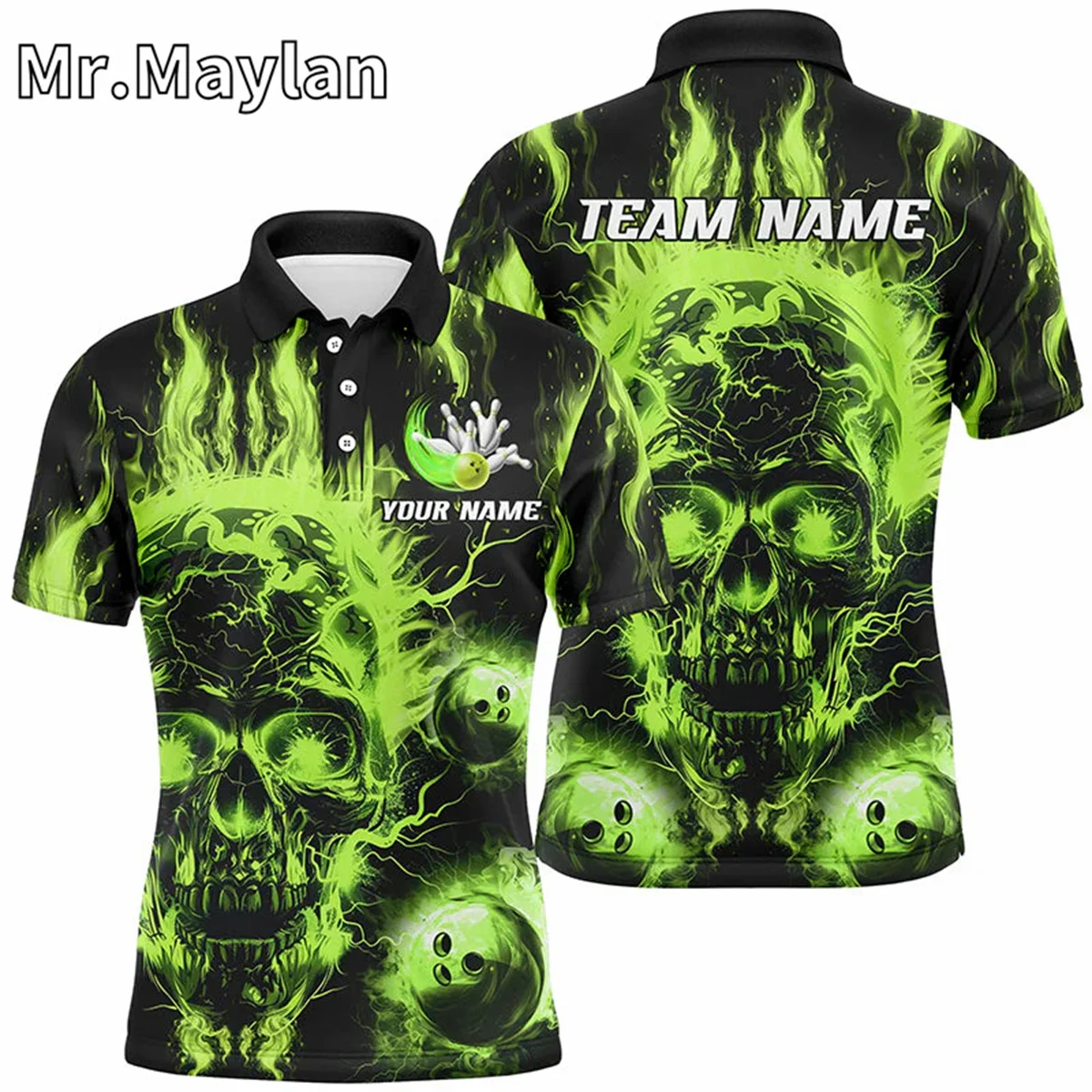 3D зеленый Пламя Череп Боулинг шар Мужские Спорт рубашки поло пользовательские