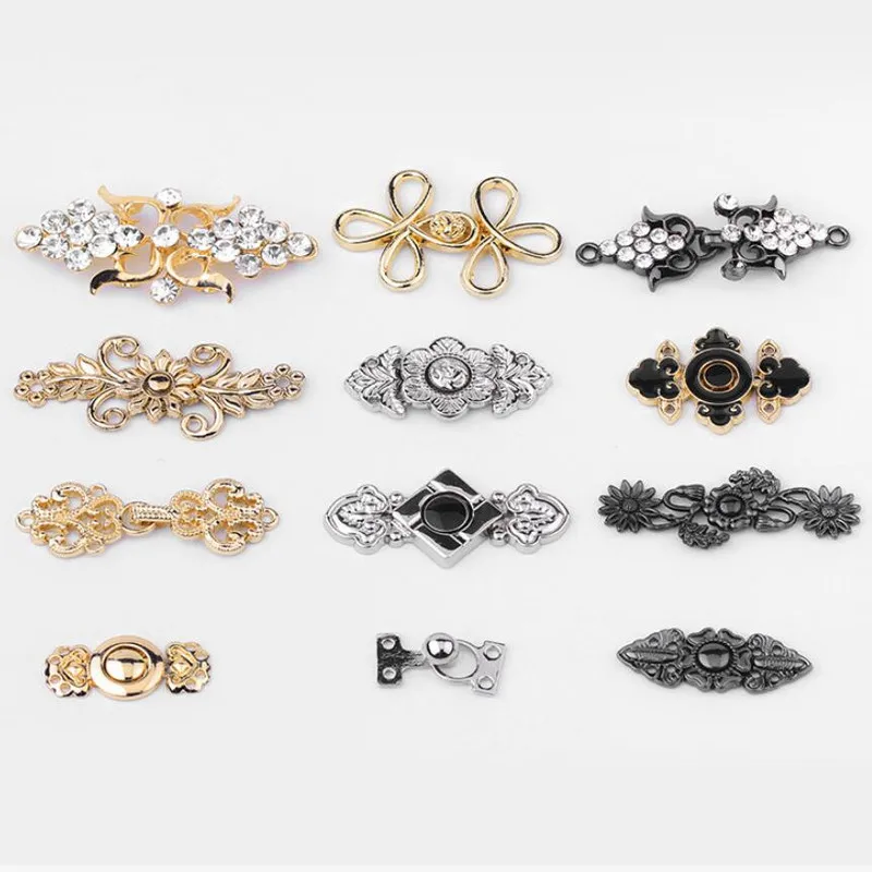 

3pairs Retro Metal Buttons Flower Shape Chinese Knot Buttons Crystal Rhinestone Buckle Wedding Dress Decoration Sewing Accessory