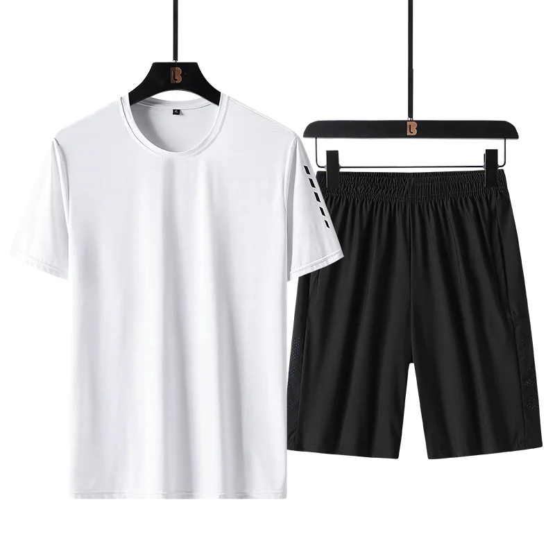 

2022 Summer Short Sleeve Suit Men's Ice Silk T-shirt Capri Pants Sports Shorts Men's Short Set Summer Label Men's Clothing