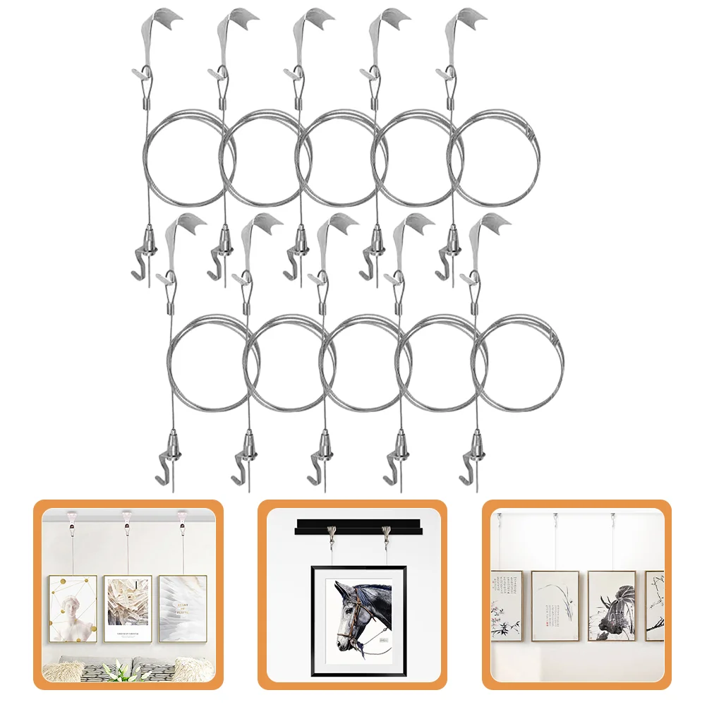 

10 Sets Picture Rail Hook Frame Wire Hanging Hooks Pictures Hangers Electric Kit Stainless Steel Wall Photo Non-perforated