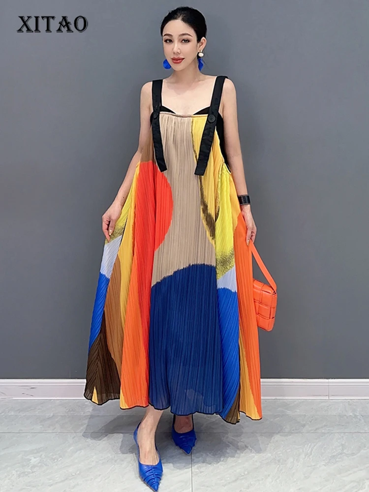 

XITAO Contrast Color Loose Casual Straps Dress All Match Appear Thin Temperament 2023 Summer Women New Korea Dress DMJ1989