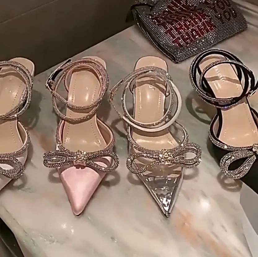 2023 Hot Glitter Rhinestones Women Pumps Crystal Bowknot Summer Sandals Lady Shoes Transparent PVC High Heels Party Prom Shoes