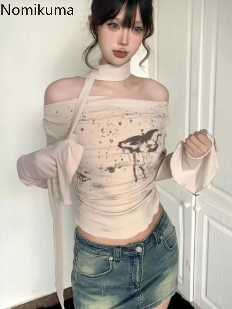 Женские летние футболки Y2k с длинным рукавом и вырезом лодочкой необычные