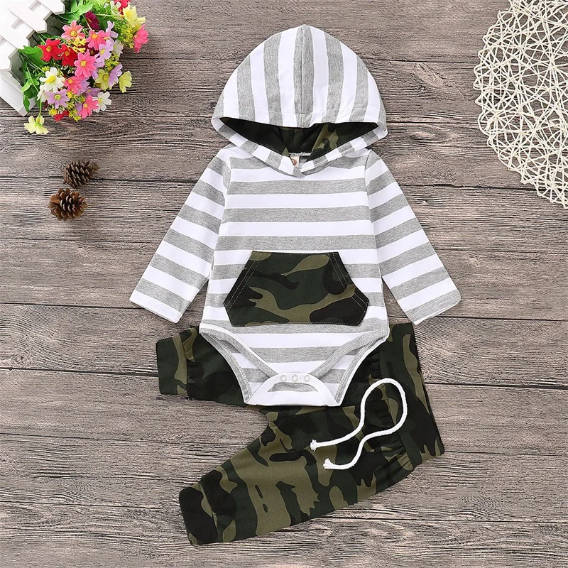 

Baby Boys Set Newborn Boys Hoodies Striped Romper Jumpsuit Camouflage Pants Outfits