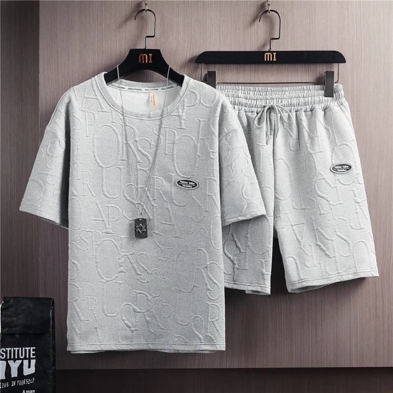 

2022 Summer New Style Trend Versatile Men's Solid Color Casual Waffle Suits Short Sleeve T-shirt + Shorts Male Set M-3XL TZ2531