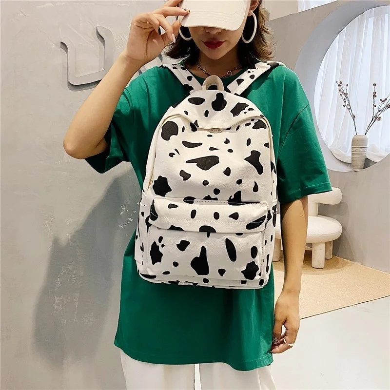 

Cow Pattern Women Backpack Kawaii Canvas Book Bag Female Mochila School Backpack for Teenage Girl Travel Rucksack