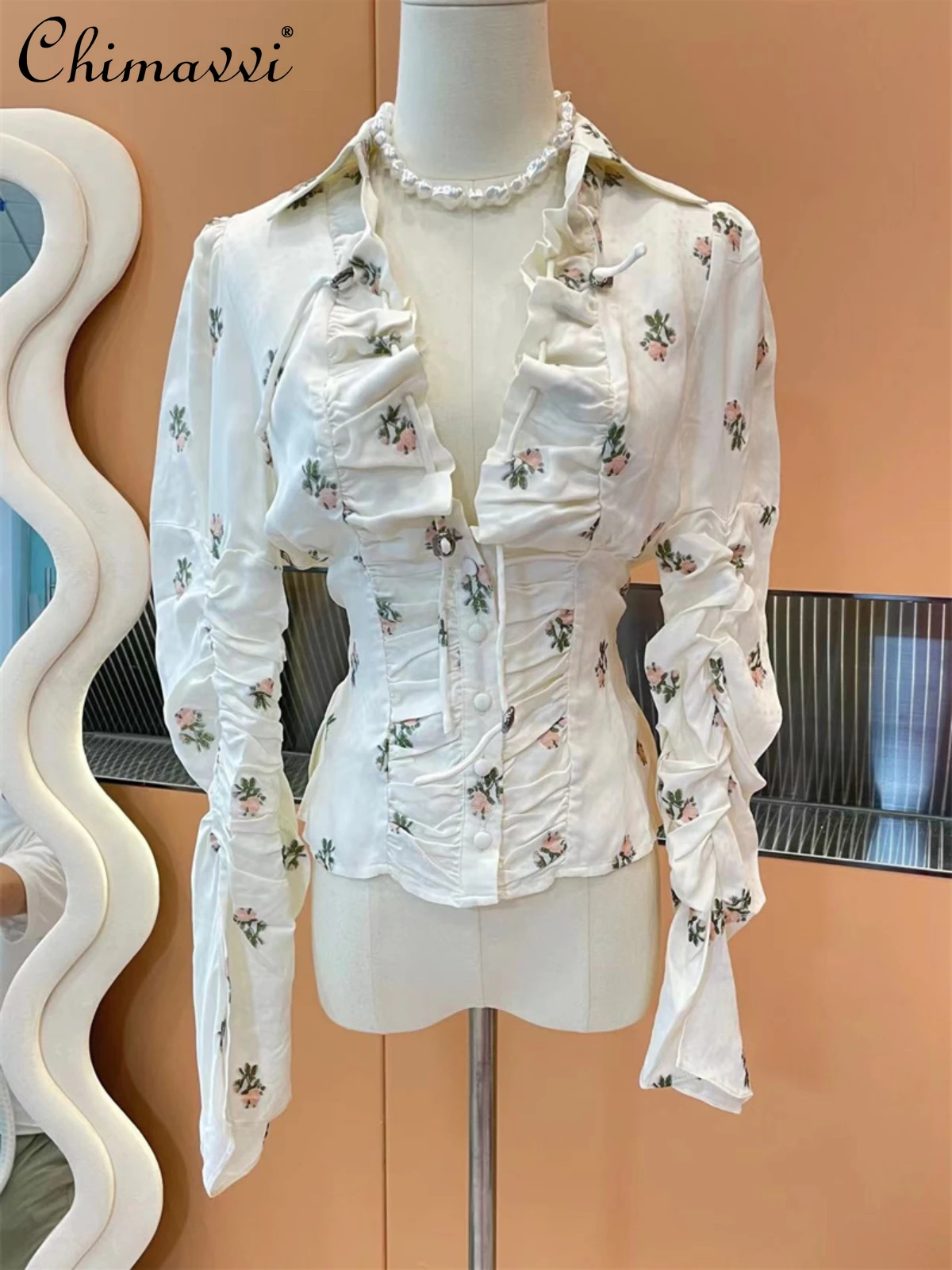 

2022 Autumn New Women Fashion Drawstring V-neck Slimming Shirt Female Elegant Floral Pleated Long Sleeves Slim Waist Blouses Top