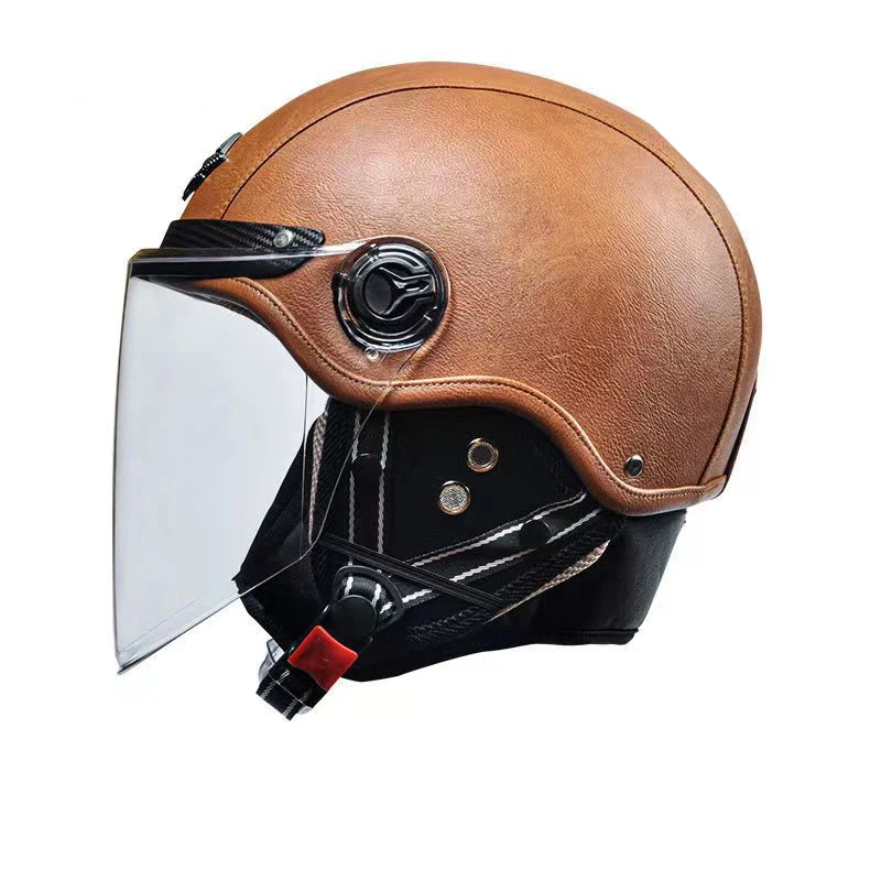 German leather pilot motorcycle helmet, retro style, all seasons, with flip visor, for electric scooters and motorcycles