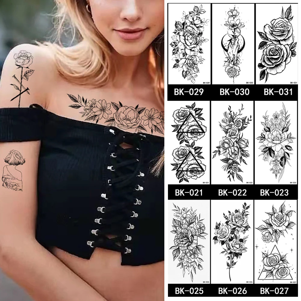 

Черные цветы, эскиз, временная тату-наклейка для лица, рука, боди-арт, искусственная татуировка, водонепроницаемые Временные татуировки YZL3 для отдыха