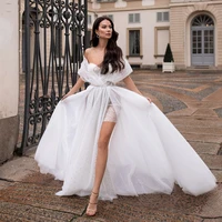 beach wedding dress white 2022 summer a line wedding gown for women illusion high slits off shoulder tulle sexy bridal dresses