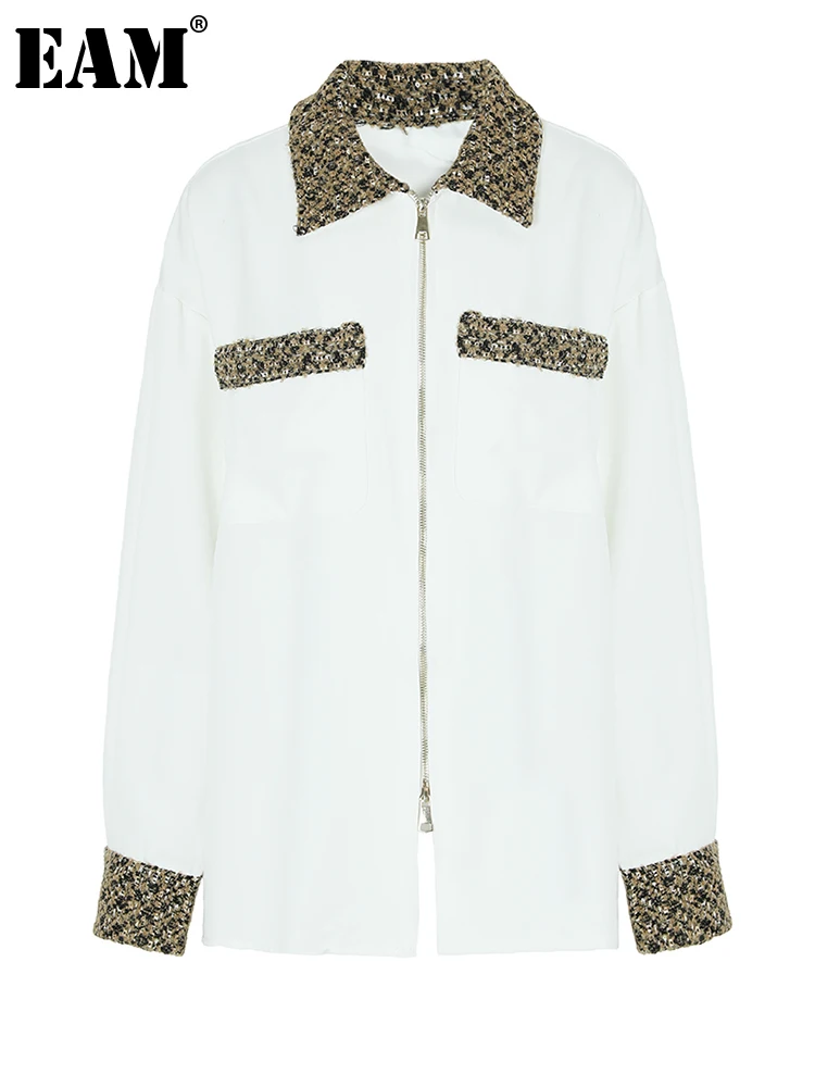 

[EAM] Women White Tweed Color-block Big Size Blouse New Lapel Long Sleeve Loose Fit Shirt Fashion Spring Autumn 2023 1DF3132