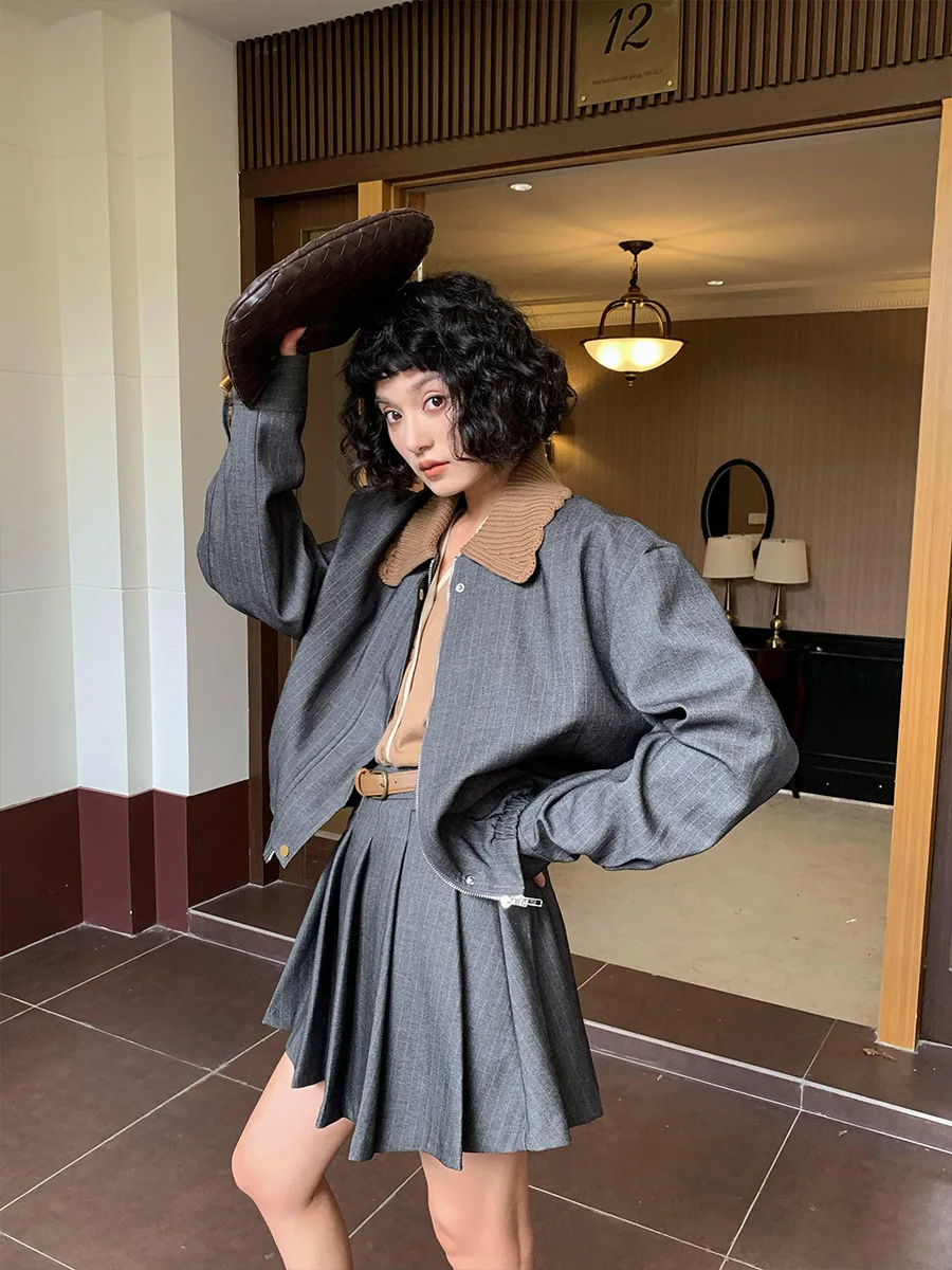 Neihe Wool Collar Stripe Waist Hugging Zip-up Jacket Baseball Uniform Long sleeve Top Outerwear Women Autumn