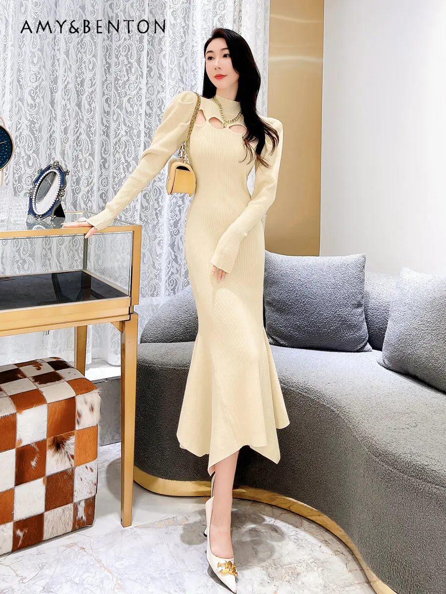 Socialite Style Long Sleeve Knitted Slimming Dress Women's Autumn and Winter 2022 New High-Grade Fishtail Hip Slim Fit Dress