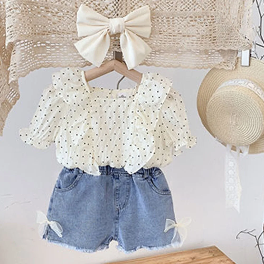 

Summer Short Sleeve Boutique Clothes Polka Dot Shirt + Denim Shorts Casual Girl Clothes Outfits Fashion Little Girl Clothes