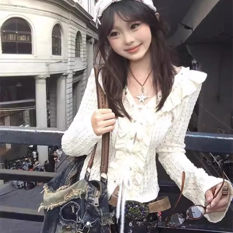 Американская Ретро блузка с длинными рукавами и вырезами новинка 2024 рубашки для