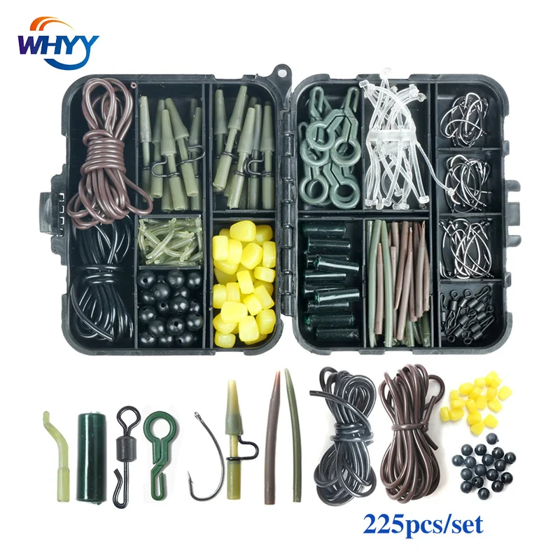 

WHYY 225pcs/set Carp Fishing Tackle Kit in Box Fishing Swivels Snaps Swivels Rig Safety Lead Clips Rubber Anti Tangle Sleeve