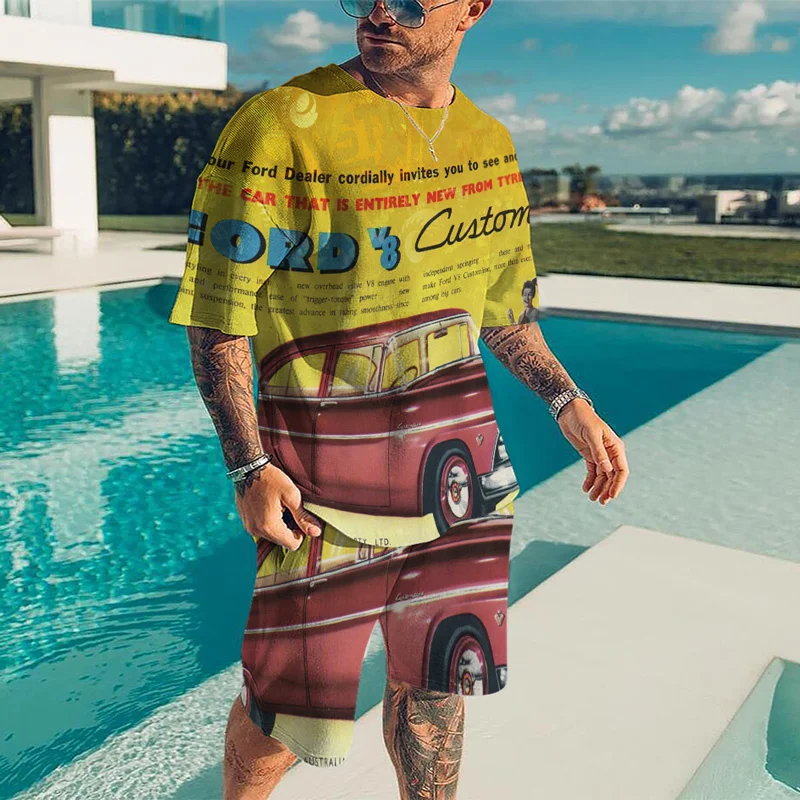 

Summer Tracksuit Short Sleeves tshirt Casual Sport suit short outfits sets men clothes Retro Route 66 Print Men T Shirt Shorts