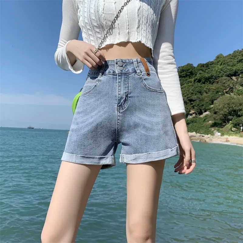 

High Waist Double Button Cuff Denim Shorts Women Loose Casual