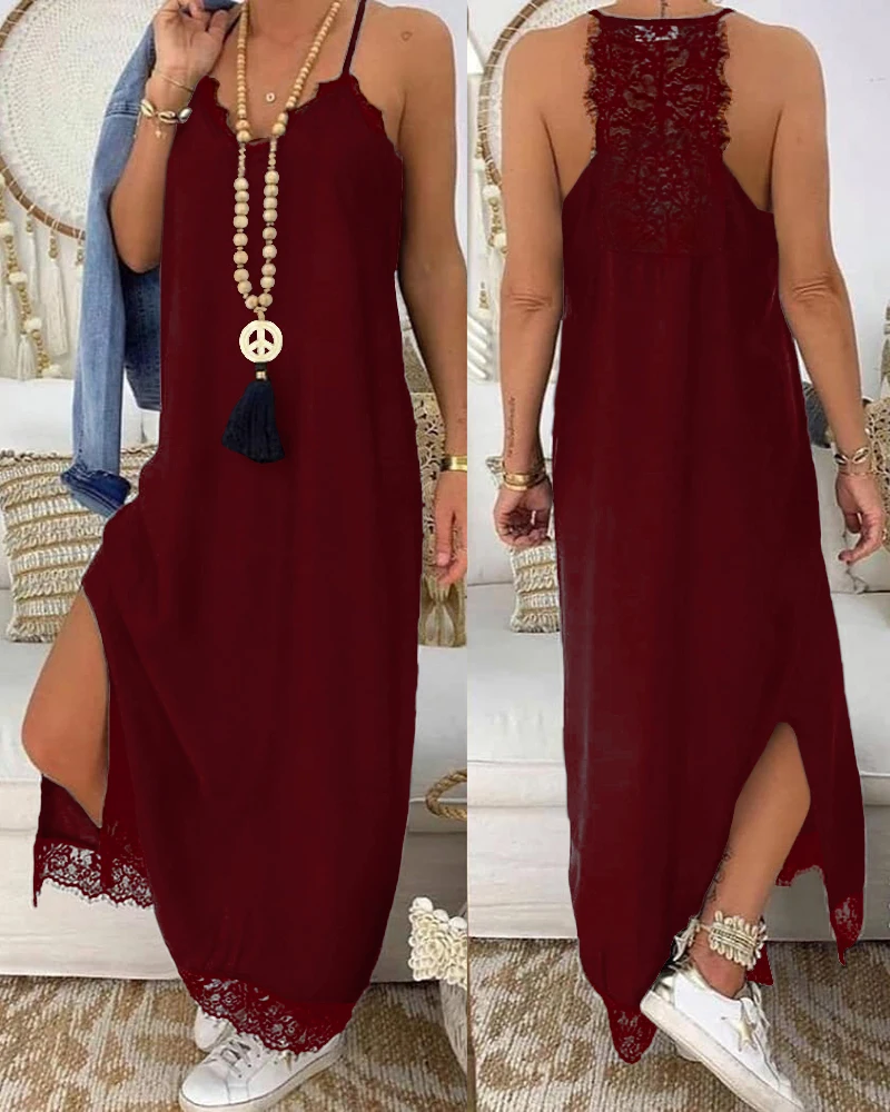 

2022 New Women Dress Solid Sleeveless Sexy Lace Holiday Party Dress Wine A-line Red Vestidos