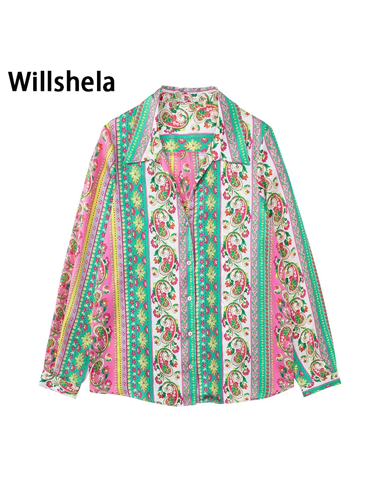 

Willshela Women Fashion With Pocket Printed Single Breasted Blouse Vintage Long Sleeves Lapel Neck Female Chic Lady Shirts
