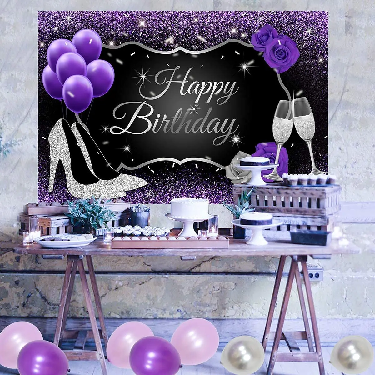 

JOLLYBOOM Purple Silver Balloon Garland Kit with Happy Birthday Backdrop Decoraton for Girl or Woman Birthday Party Supplies