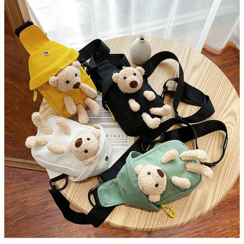 

Korean Version of Plush Bear Bag New Chest Bag Cute Cartoon Small Backpack Personalized Mini Hundred Waist Bag Mini Canvas Bag
