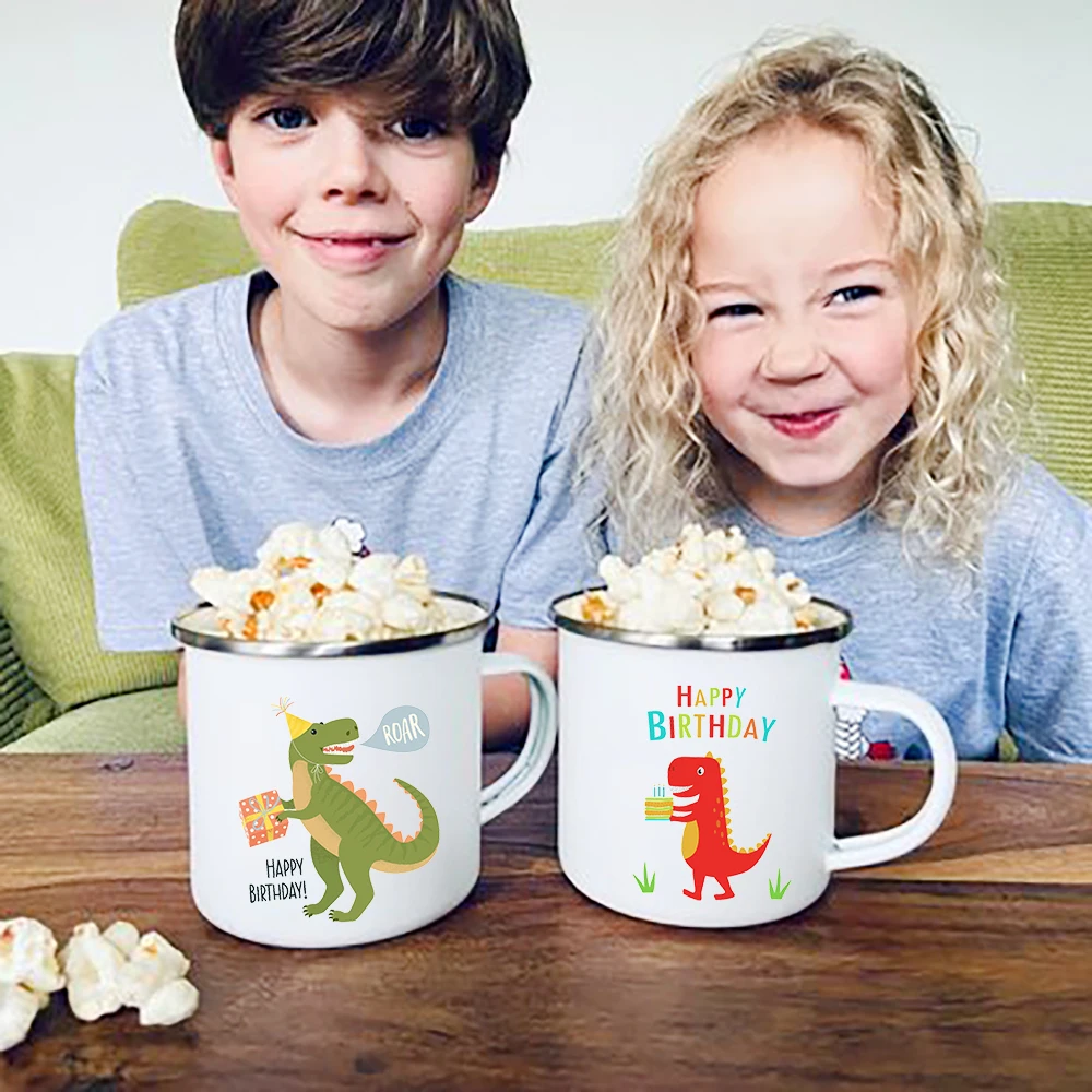 

Home Party Cartoon Dinosaur Kids Drink Juice Cola Milk Cups Child Baby Birthday Gift Happy Birthday Boys Girls Enamel Cocoa Mugs