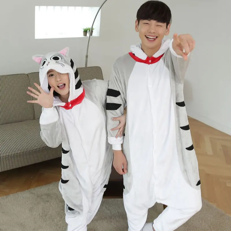 Flannel Cartoon Kigurumi Cat Pajama Set Adult Women Animal Hooded Onesie Halloween Christmas Cosplay Onepiece Warm Men Sleepwear