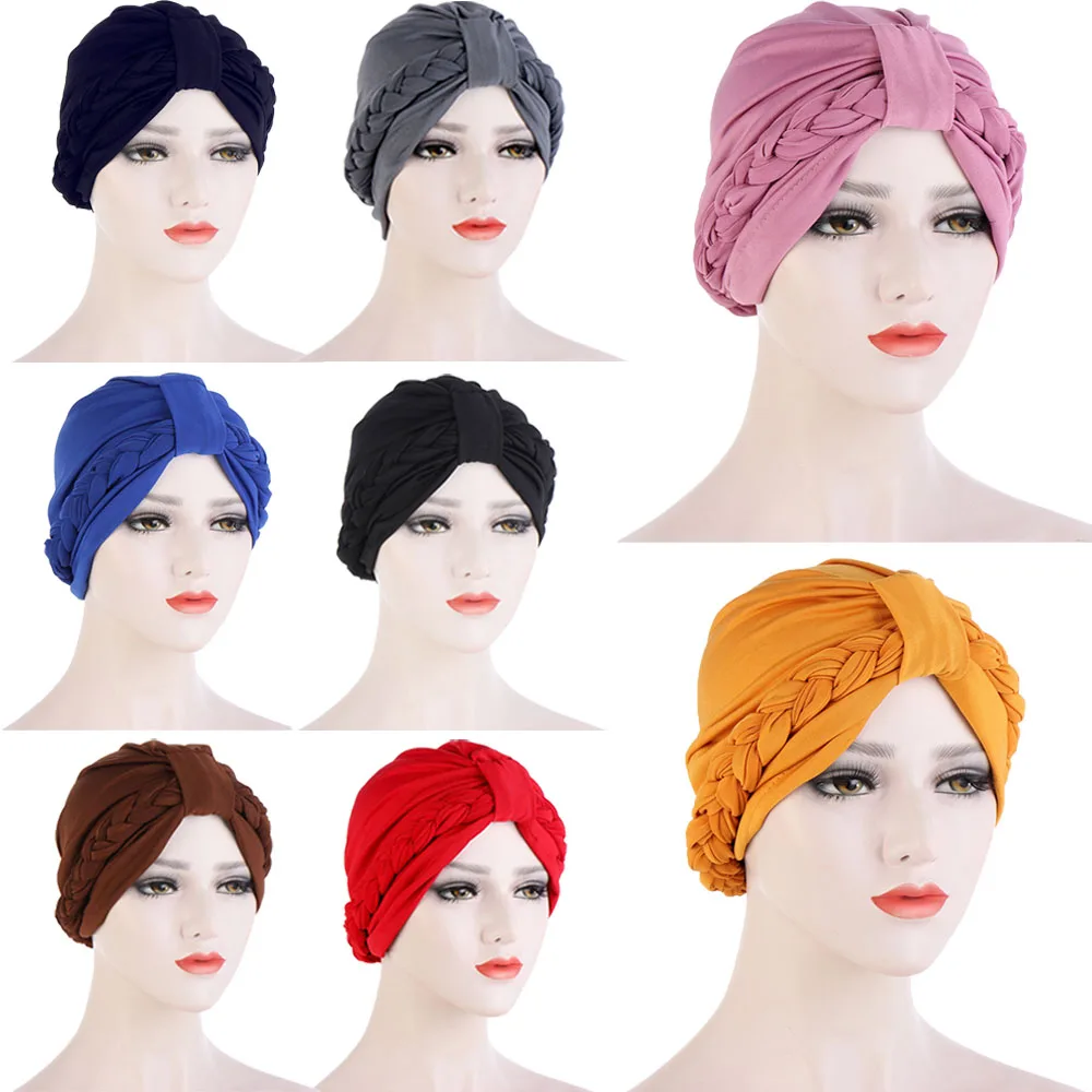 

Indian Turban Braids Hijab Hat Women Muslim Headscarf Chemo Cancer Cap Hair Loss Head Cover Scarf Wrap Skullies Headwear Bonnet