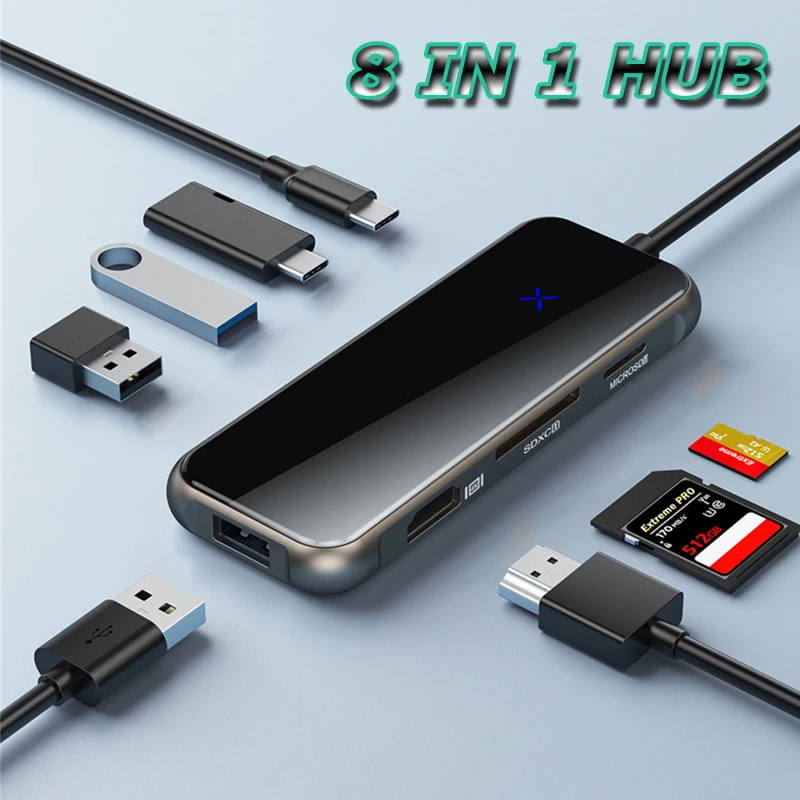 

Glass Tempered Film USB 3.0 USB Type C Docking Station HUB 8 Port USB Adapter 4K HDMI SD/TF PD100W For MacBook IPad Computer PC