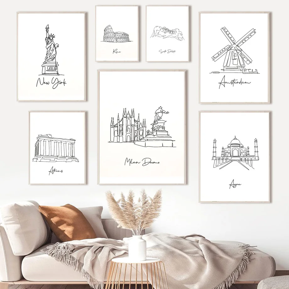 

Taj Mahal Statue Of Liberty Milan Cathedral Line Wall Art Prints Canvas Painting Nordic Poster Decor Pictures For Living Room