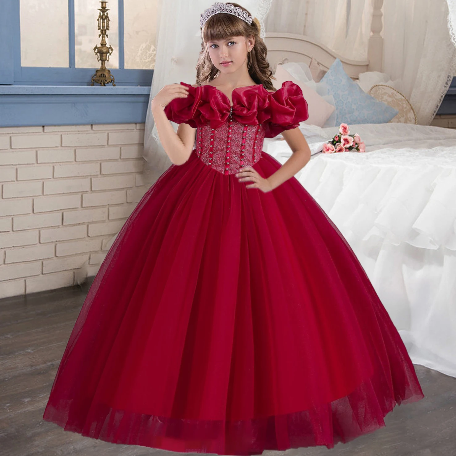 

Элегантное банкетное свадебное платье для девочек с одним плечом и цветами, детские платья подружки невесты для девочек, Красный Рождественский кружевной костюм принцессы