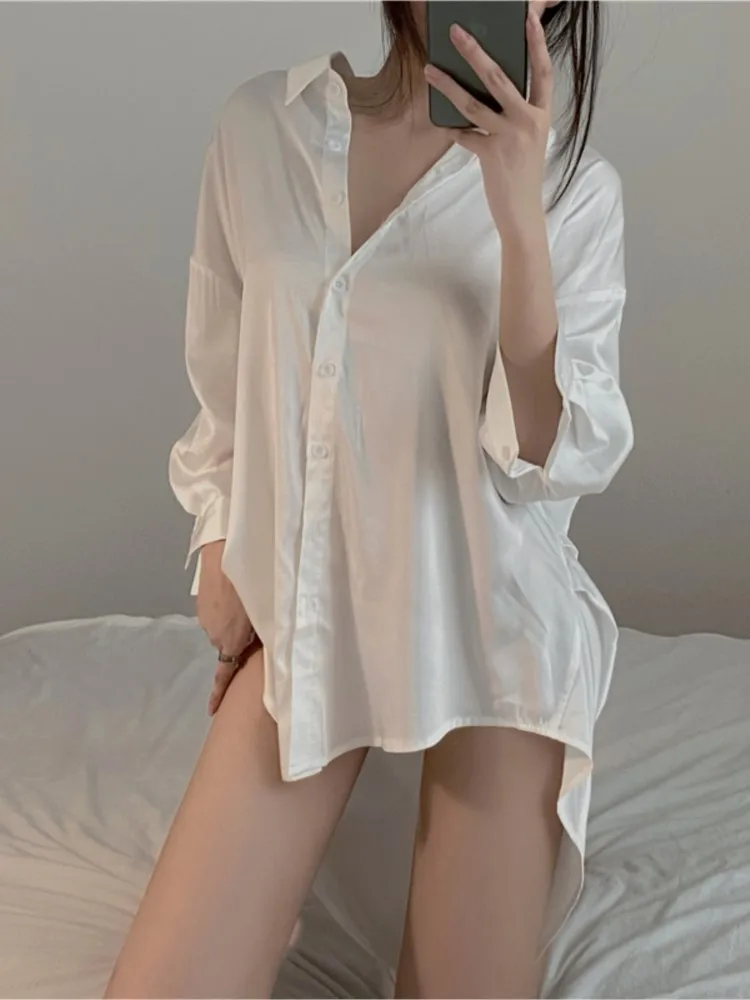 

Женская Весенняя пикантная шелковая однобортная рубашка, Модные Белые Повседневные винтажные топы, верхняя одежда с отложным воротником, Свободная блузка