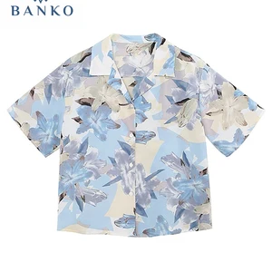 Summer Hawaiian Blue Shirts Tropical Shirts Floral Women Tops Casual Shirt Chic Short Sleeve Button  in Pakistan