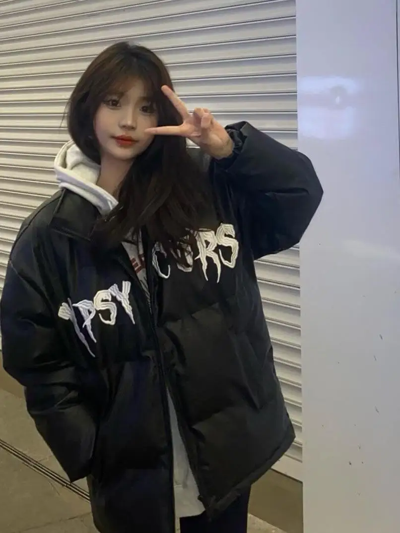 2024 Thick Warm Ins European and American Street Hip-hop PU Leather Cotton-padded jacket Outerwear Women's Winter Couple Swee...