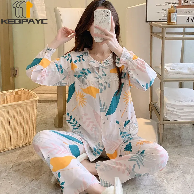 Women's Pajamas New Spring Autumn Peter Pan Collar Long Sleeve Thin Sleepwear Pyjamas Woman Cartoon Nightwear Clothing Sets