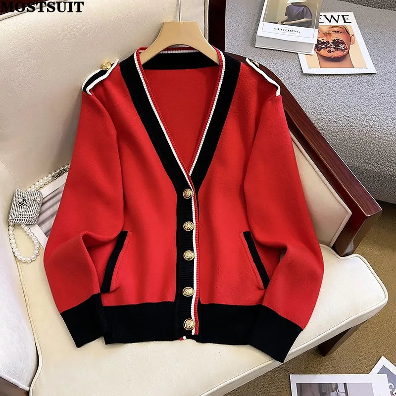 

Stylish Vintage Women Cardigan Sweater Autumn Winter V-neck Long Sleeve Knitted Jacket Coat Chic Fashion Ladies Jumper Knitwear