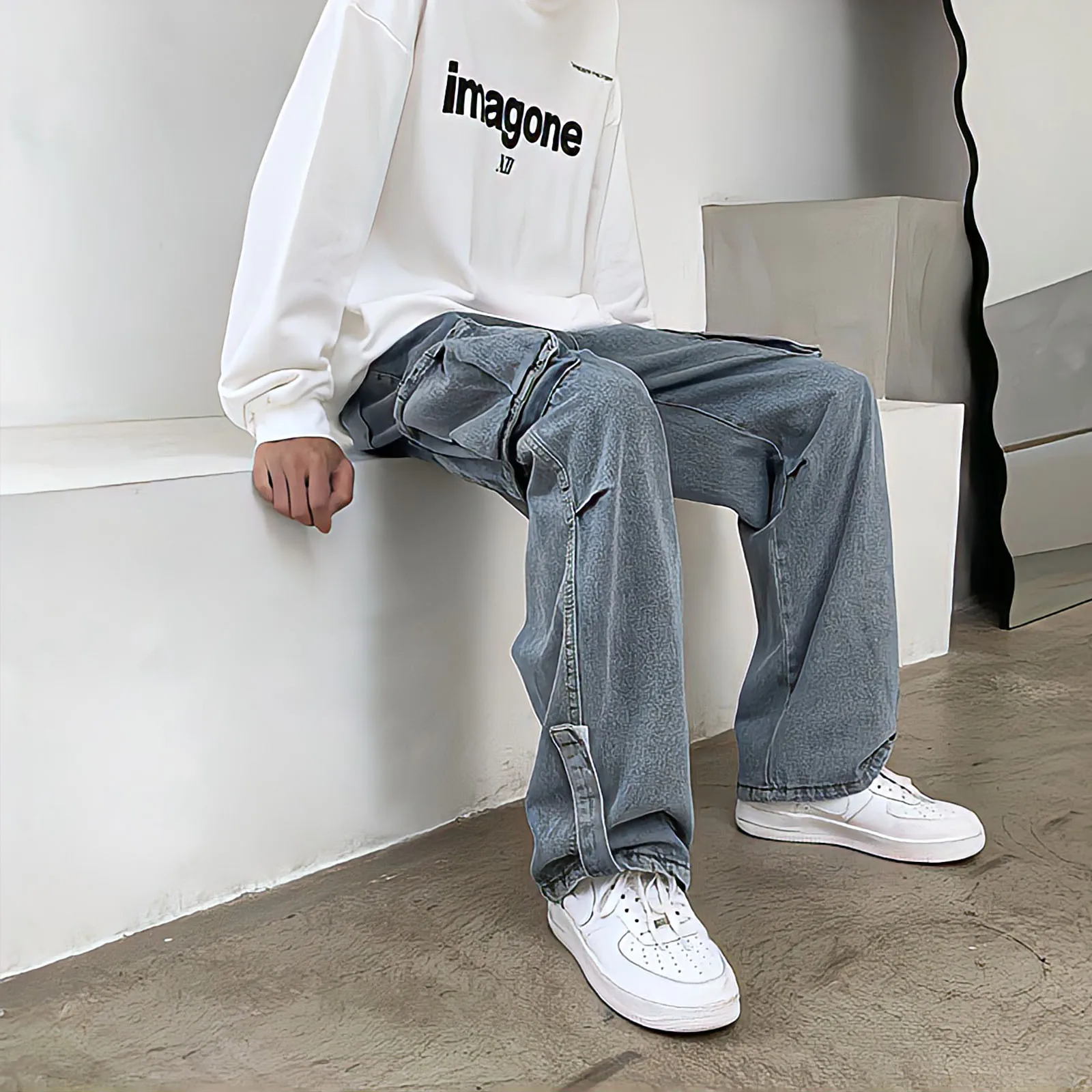 Harajuku Vintage Blue Baggy Jeans Man High Waist Y2k Streetwear Fashion Hip Hop Cargo Pants Straight Wide Leg Denim Trousers