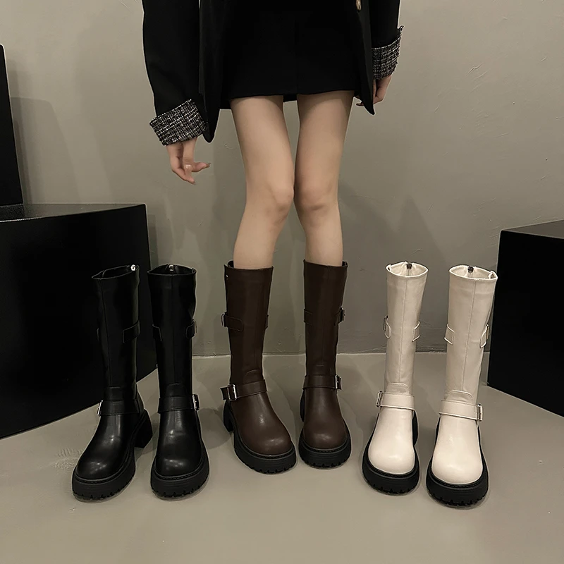 

Platform Combat Boots Zip Chuny Heel Buckle Vintage Fashion Casual Luxury Designer Western Mid Calf Boots Shoes Woman